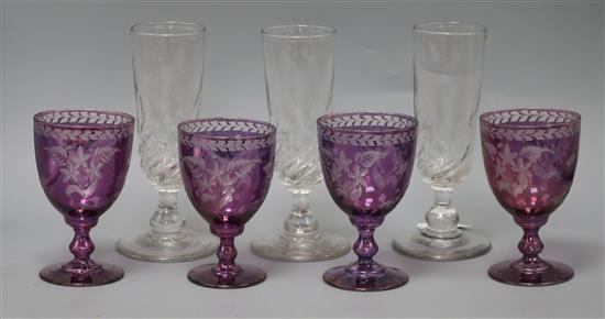 Three ale glasses and four amethyst and engraved glasses